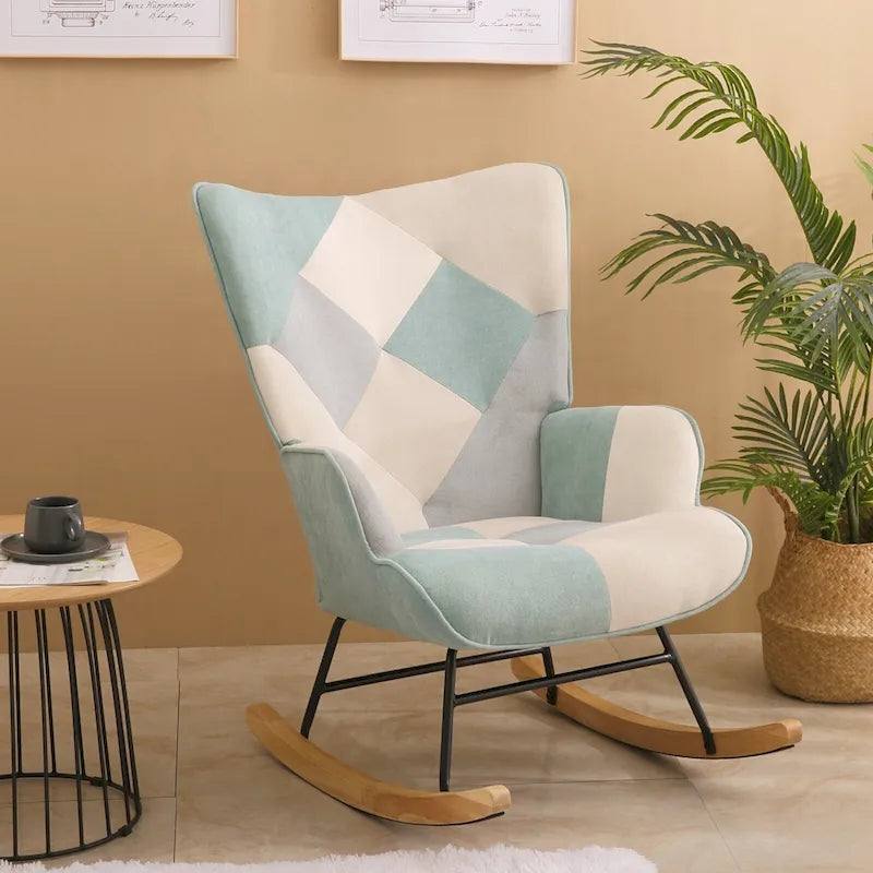 Fauteuil à bascule en tissu Mid-Century avec pieds en bois et lin patchwork
