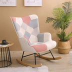 Fauteuil à bascule en tissu Mid-Century avec pieds en bois et lin patchwork