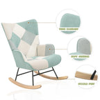 Fauteuil à bascule en tissu Mid-Century avec pieds en bois et lin patchwork