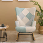 Fauteuil à bascule en tissu Mid-Century avec pieds en bois et lin patchwork