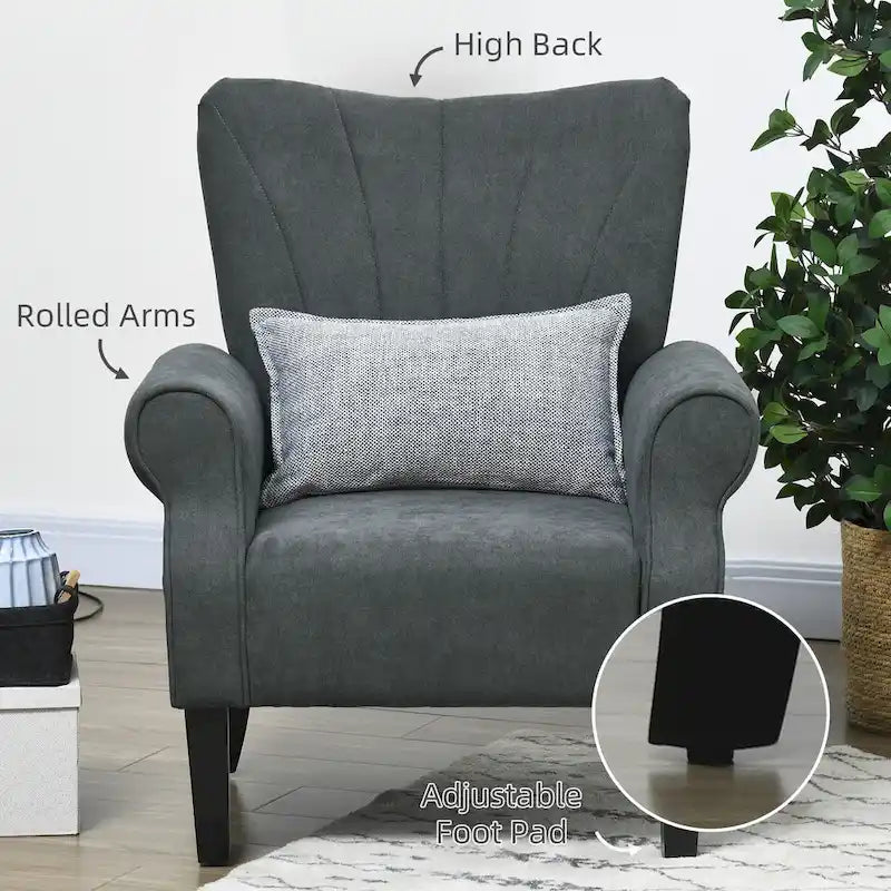 Fauteuil rembourré à haut dossier gris foncé moderne de 80 cm avec pieds en bois