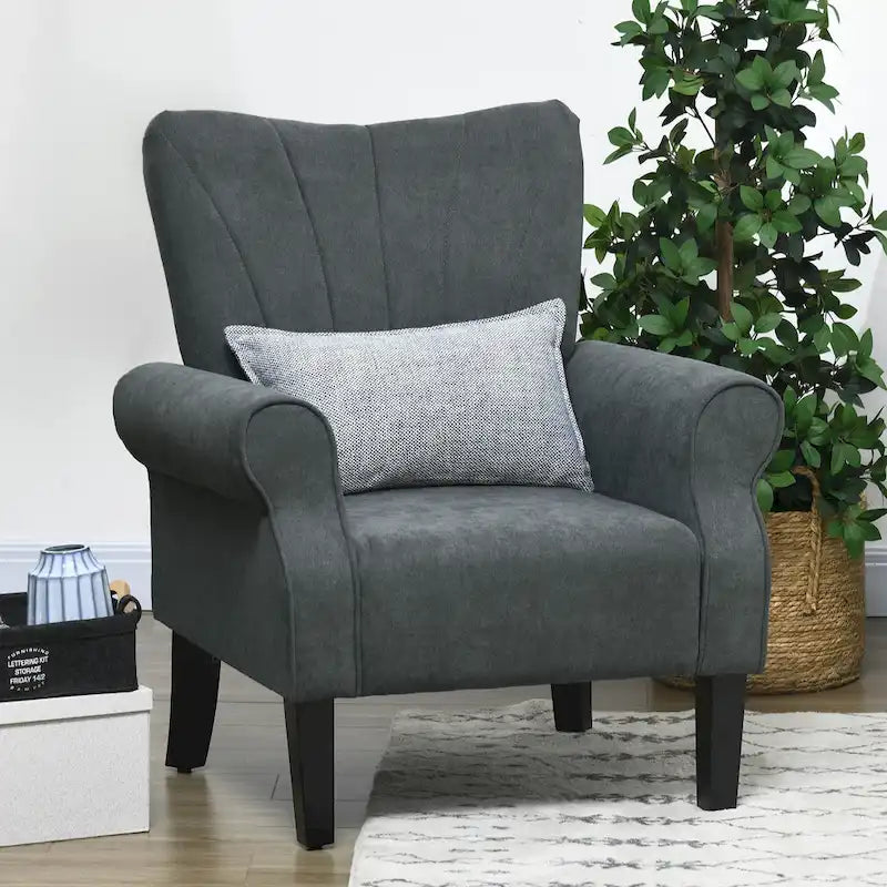 Fauteuil rembourré à haut dossier gris foncé moderne de 80 cm avec pieds en bois