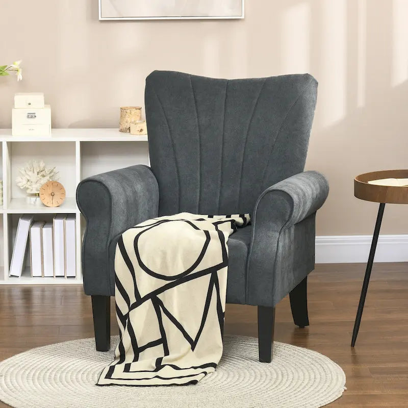 Fauteuil rembourré à haut dossier gris foncé moderne de 80 cm avec pieds en bois