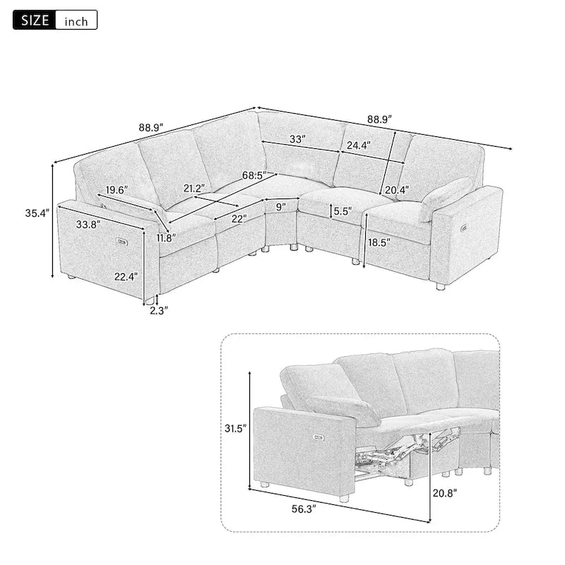 Canapé inclinable électrique 89 places, canapé inclinable pour cinéma maison avec deux ports USB, deux tiroirs de rangement pour salon, beige