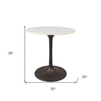 Table de salle à manger 30 po en marbre arrondi blanc et noir avec base en fer et piédestal
