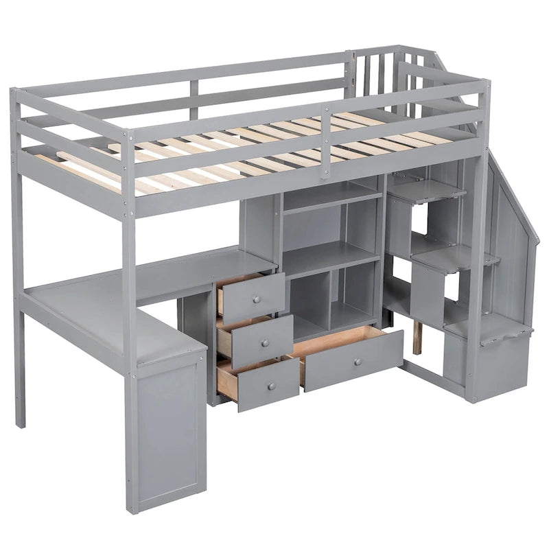 Lit mezzanine une place avec bureau en L, tiroirs, armoire, escalier de rangement