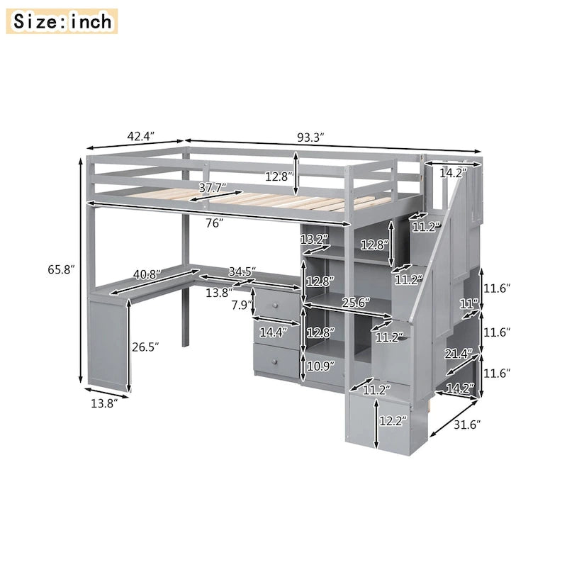 Lit mezzanine une place avec bureau en L, tiroirs, armoire, escalier de rangement