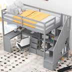 Lit mezzanine une place avec bureau en L, tiroirs, armoire, escalier de rangement