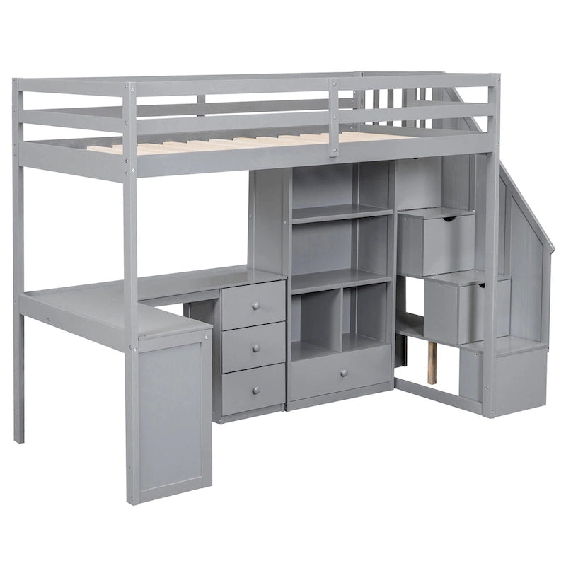 Lit mezzanine une place avec bureau en L, tiroirs, armoire, escalier de rangement