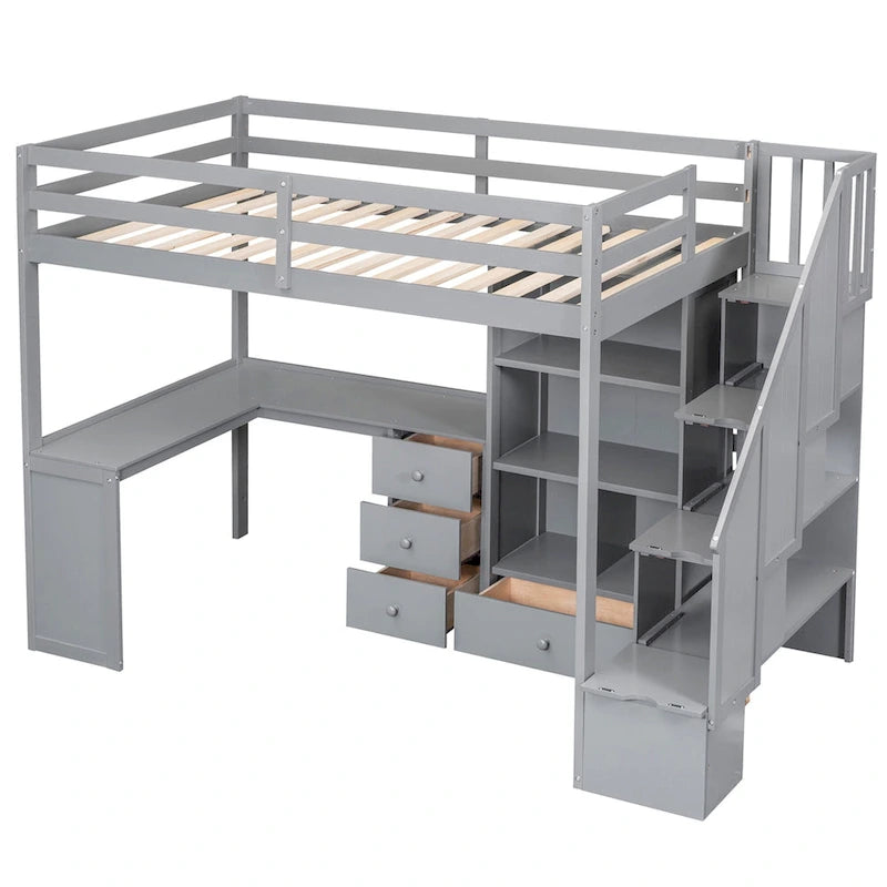 Lit mezzanine une place avec bureau en L, tiroirs, armoire, escalier de rangement