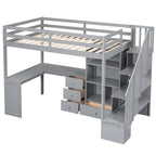 Lit mezzanine une place avec bureau en L, tiroirs, armoire, escalier de rangement