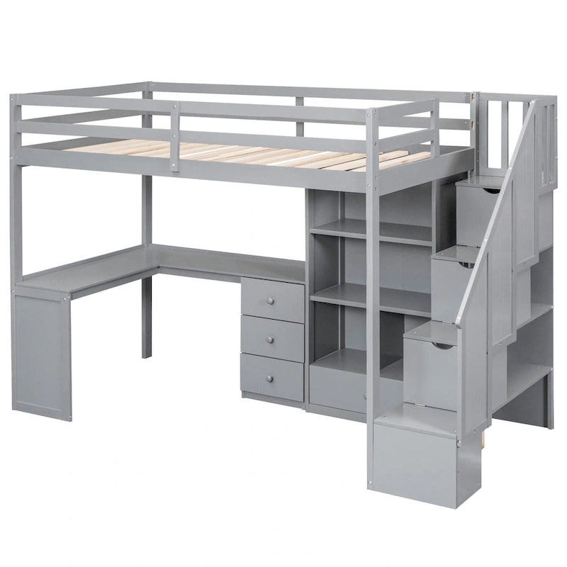 Lit mezzanine une place avec bureau en L, tiroirs, armoire, escalier de rangement