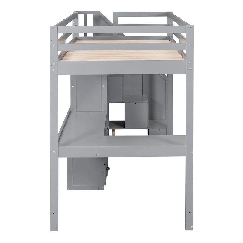 Lit mezzanine une place avec bureau en L, tiroirs, armoire, escalier de rangement