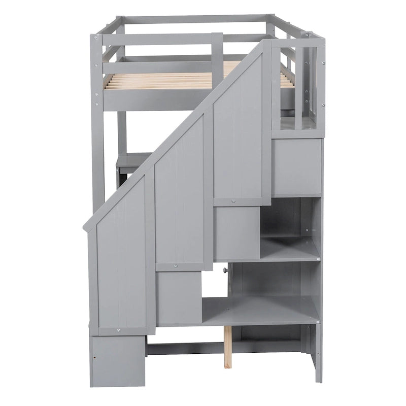 Lit mezzanine une place avec bureau en L, tiroirs, armoire, escalier de rangement