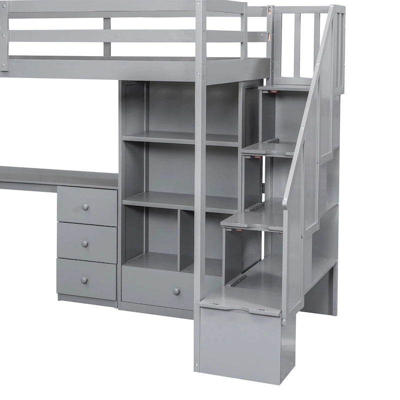 Lit mezzanine une place avec bureau en L, tiroirs, armoire, escalier de rangement