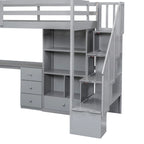 Lit mezzanine une place avec bureau en L, tiroirs, armoire, escalier de rangement