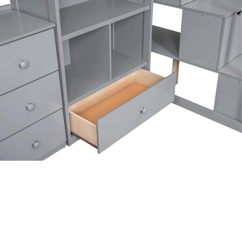 Lit mezzanine une place avec bureau en L, tiroirs, armoire, escalier de rangement