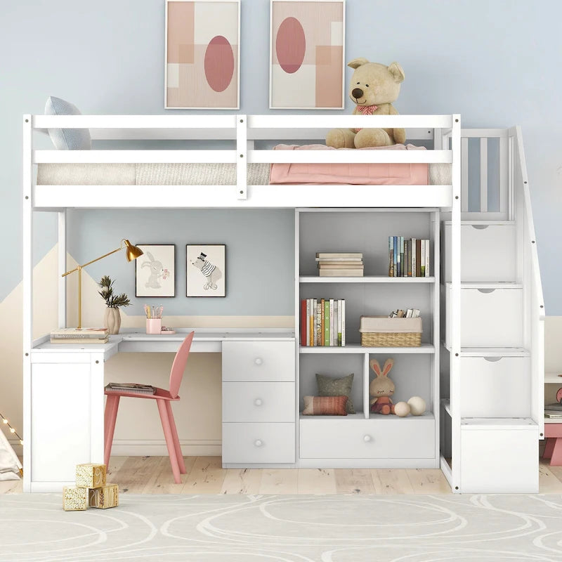 Lit mezzanine une place avec bureau en L, tiroirs, armoire, escalier de rangement