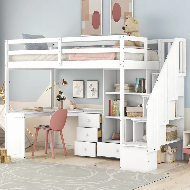 Lit mezzanine une place avec bureau en L, tiroirs, armoire, escalier de rangement