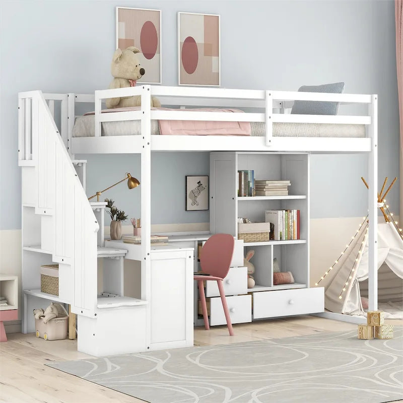 Lit mezzanine une place avec bureau en L, tiroirs, armoire, escalier de rangement