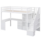 Lit mezzanine une place avec bureau en L, tiroirs, armoire, escalier de rangement