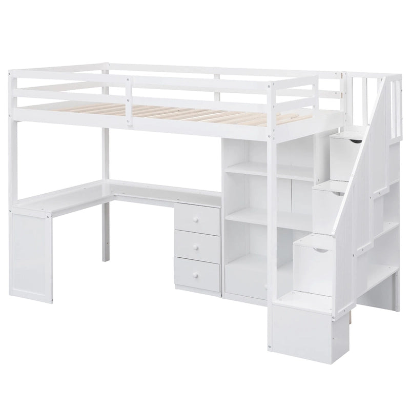Lit mezzanine une place avec bureau en L, tiroirs, armoire, escalier de rangement