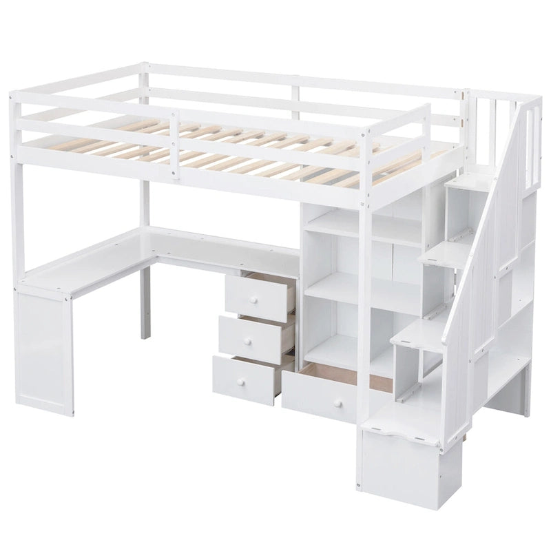 Lit mezzanine une place avec bureau en L, tiroirs, armoire, escalier de rangement