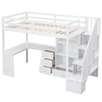 Lit mezzanine une place avec bureau en L, tiroirs, armoire, escalier de rangement