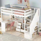 Lit mezzanine une place avec bureau en L, tiroirs, armoire, escalier de rangement