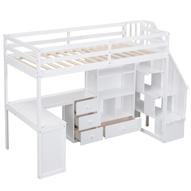 Lit mezzanine une place avec bureau en L, tiroirs, armoire, escalier de rangement