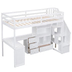 Lit mezzanine une place avec bureau en L, tiroirs, armoire, escalier de rangement