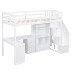 Lit mezzanine une place avec bureau en L, tiroirs, armoire, escalier de rangement