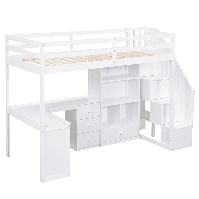 Lit mezzanine une place avec bureau en L, tiroirs, armoire, escalier de rangement