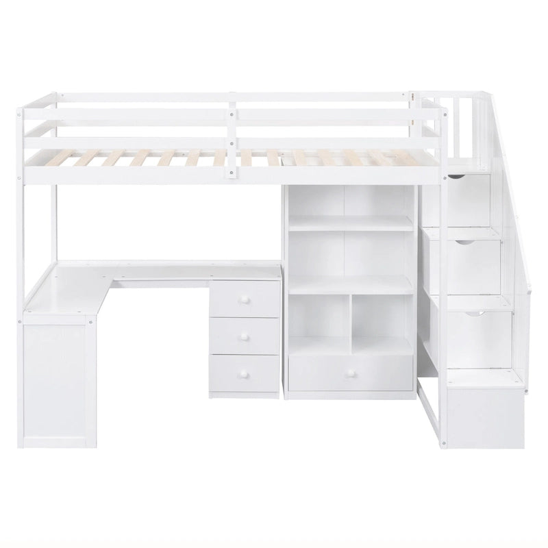 Lit mezzanine une place avec bureau en L, tiroirs, armoire, escalier de rangement