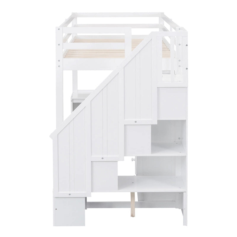 Lit mezzanine une place avec bureau en L, tiroirs, armoire, escalier de rangement