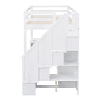 Lit mezzanine une place avec bureau en L, tiroirs, armoire, escalier de rangement