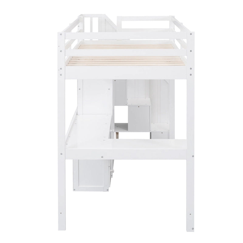 Lit mezzanine une place avec bureau en L, tiroirs, armoire, escalier de rangement
