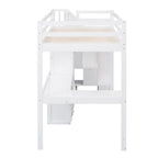 Lit mezzanine une place avec bureau en L, tiroirs, armoire, escalier de rangement