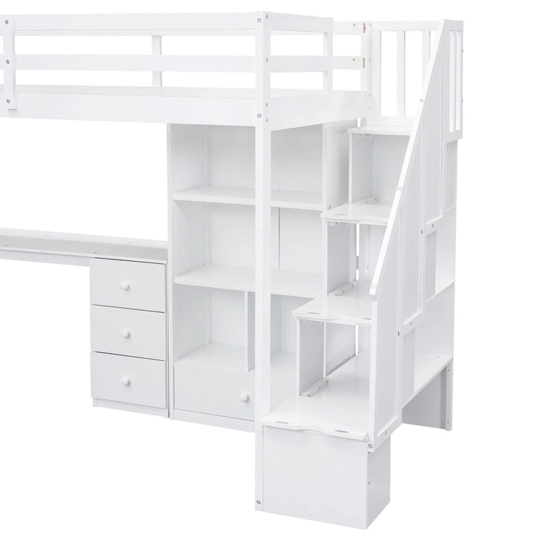 Lit mezzanine une place avec bureau en L, tiroirs, armoire, escalier de rangement