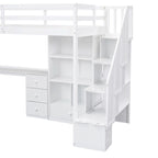Lit mezzanine une place avec bureau en L, tiroirs, armoire, escalier de rangement