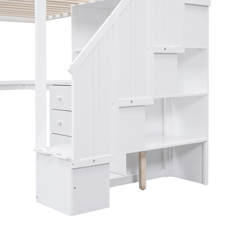 Lit mezzanine une place avec bureau en L, tiroirs, armoire, escalier de rangement