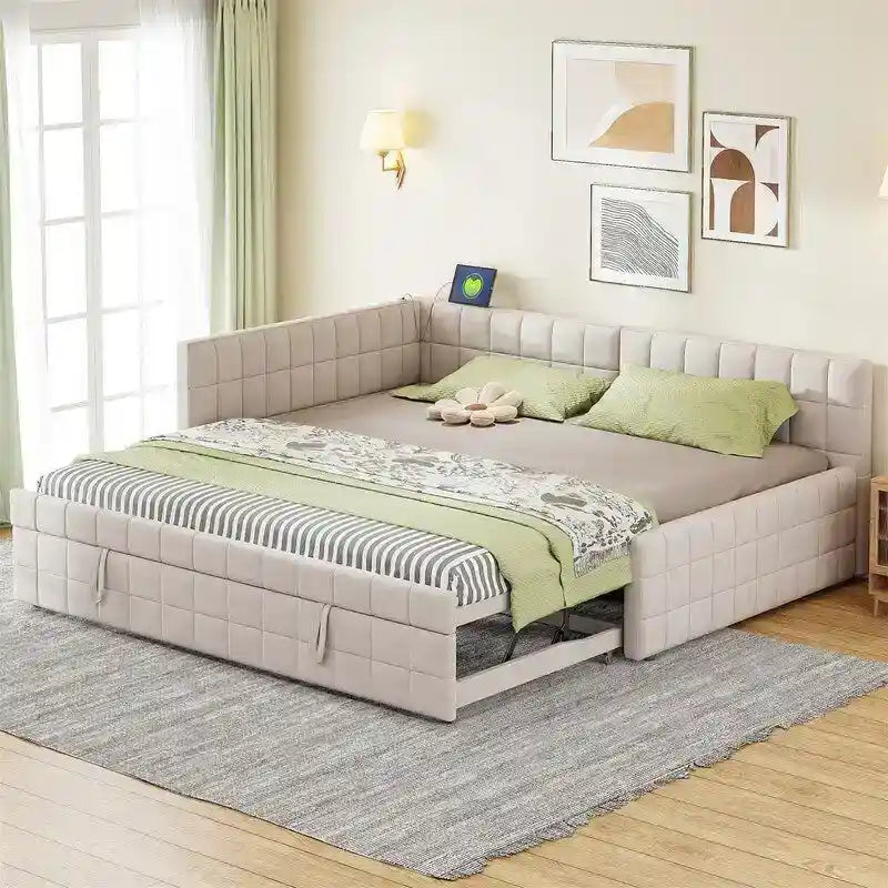 Lit de repos tapissé pleine grandeur avec lit gigogne escamotable de taille simple et ports USB, cadre de lit de repos moderne avec dossier en forme de L