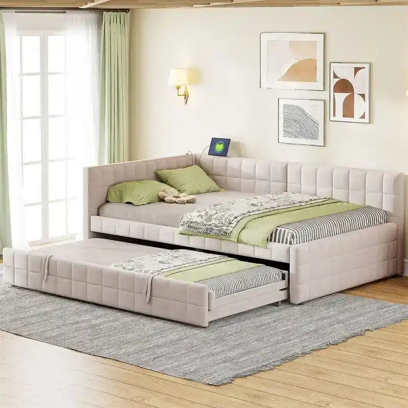 Lit de repos tapissé pleine grandeur avec lit gigogne escamotable de taille simple et ports USB, cadre de lit de repos moderne avec dossier en forme de L