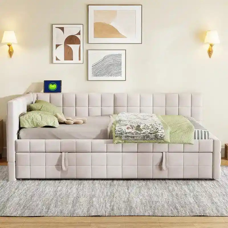 Lit de repos tapissé pleine grandeur avec lit gigogne escamotable de taille simple et ports USB, cadre de lit de repos moderne avec dossier en forme de L