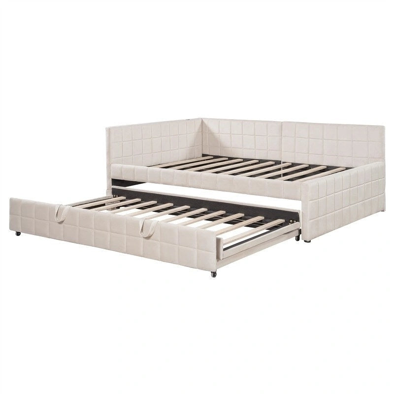 Lit de repos tapissé pleine grandeur avec lit gigogne escamotable de taille simple et ports USB, cadre de lit de repos moderne avec dossier en forme de L