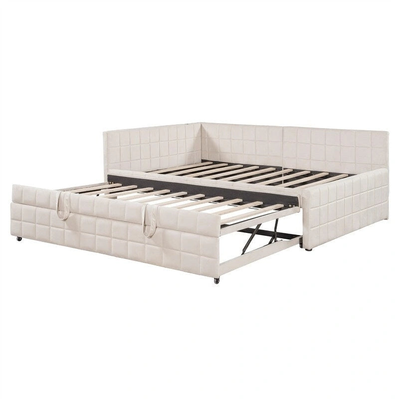 Lit de repos tapissé pleine grandeur avec lit gigogne escamotable de taille simple et ports USB, cadre de lit de repos moderne avec dossier en forme de L