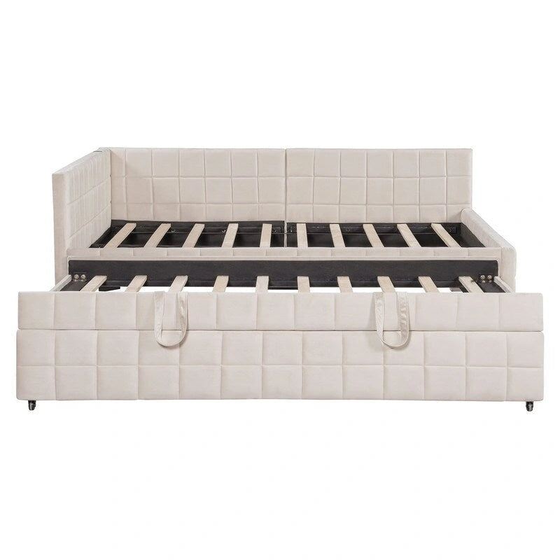 Lit de repos tapissé pleine grandeur avec lit gigogne escamotable de taille simple et ports USB, cadre de lit de repos moderne avec dossier en forme de L