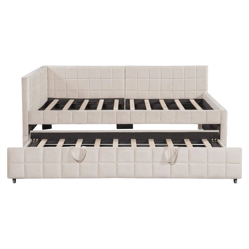 Lit de repos tapissé pleine grandeur avec lit gigogne escamotable de taille simple et ports USB, cadre de lit de repos moderne avec dossier en forme de L