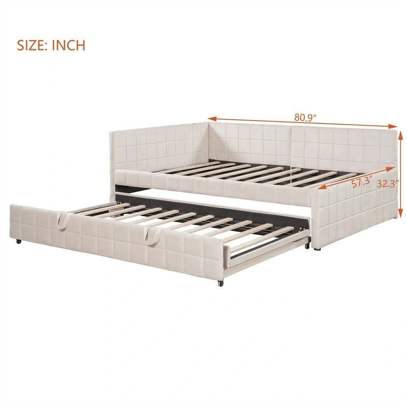 Lit de repos tapissé pleine grandeur avec lit gigogne escamotable de taille simple et ports USB, cadre de lit de repos moderne avec dossier en forme de L