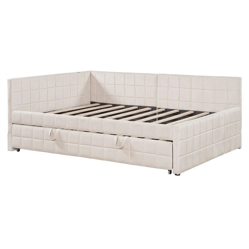 Lit de repos tapissé pleine grandeur avec lit gigogne escamotable de taille simple et ports USB, cadre de lit de repos moderne avec dossier en forme de L
